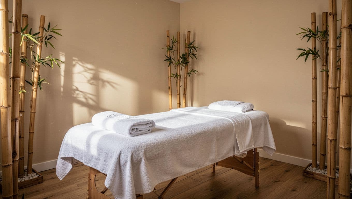 A clean massage room with white towels, bamboo decor, and warm lighting.