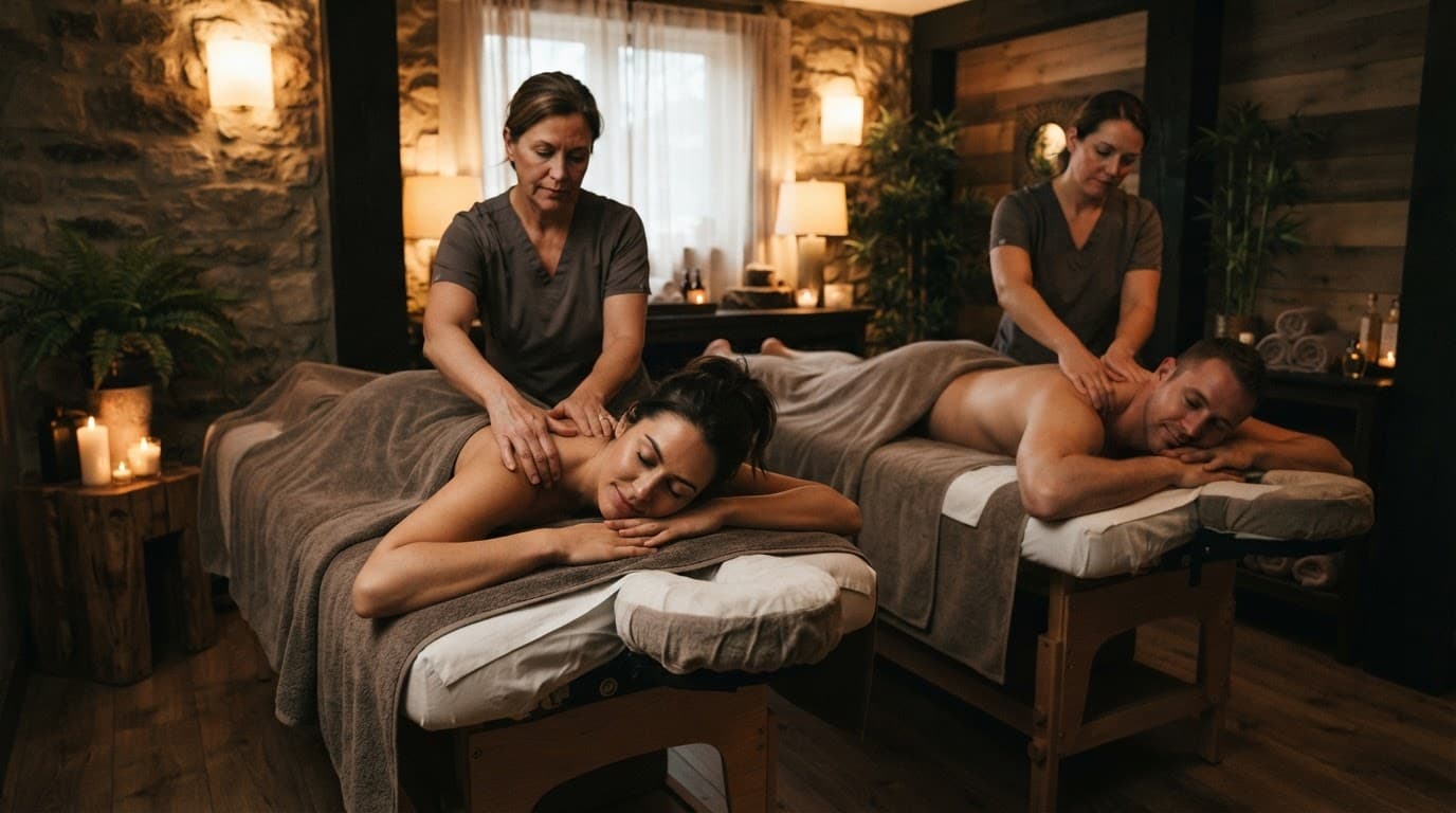 Couples Full Body Massage: A Calm Guide for Two 2 A serene spa room with two people relaxing during a massage session.