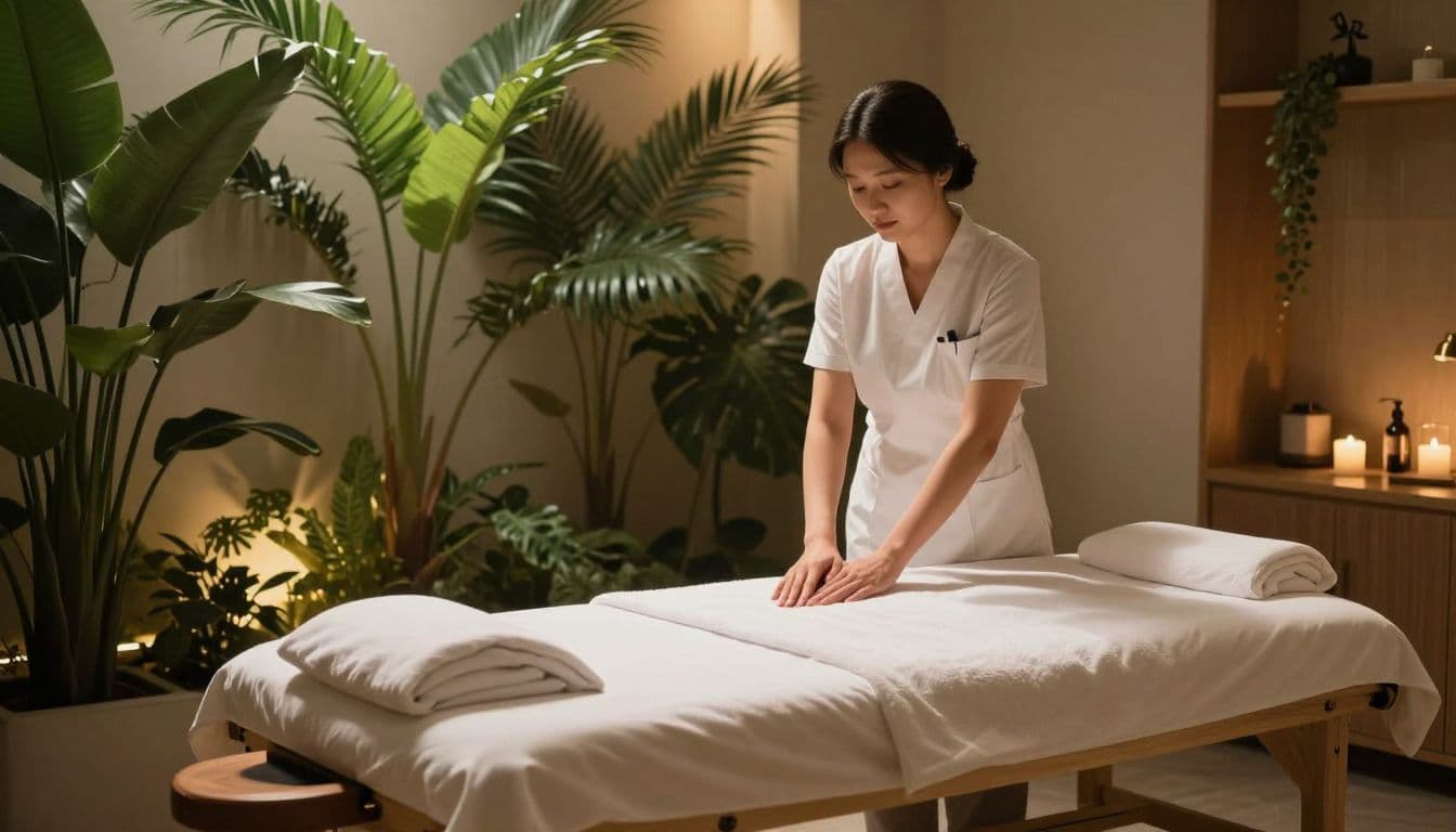 A wooden massage table in a warmly lit spa room surrounded by green plants.