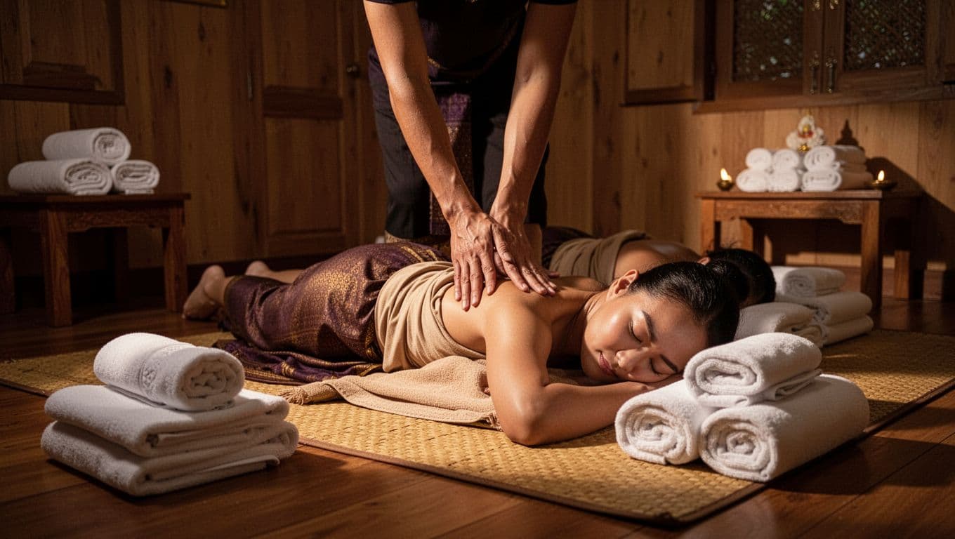 A warm Thai massage room with a woven mat, wooden decor, and folded towels.