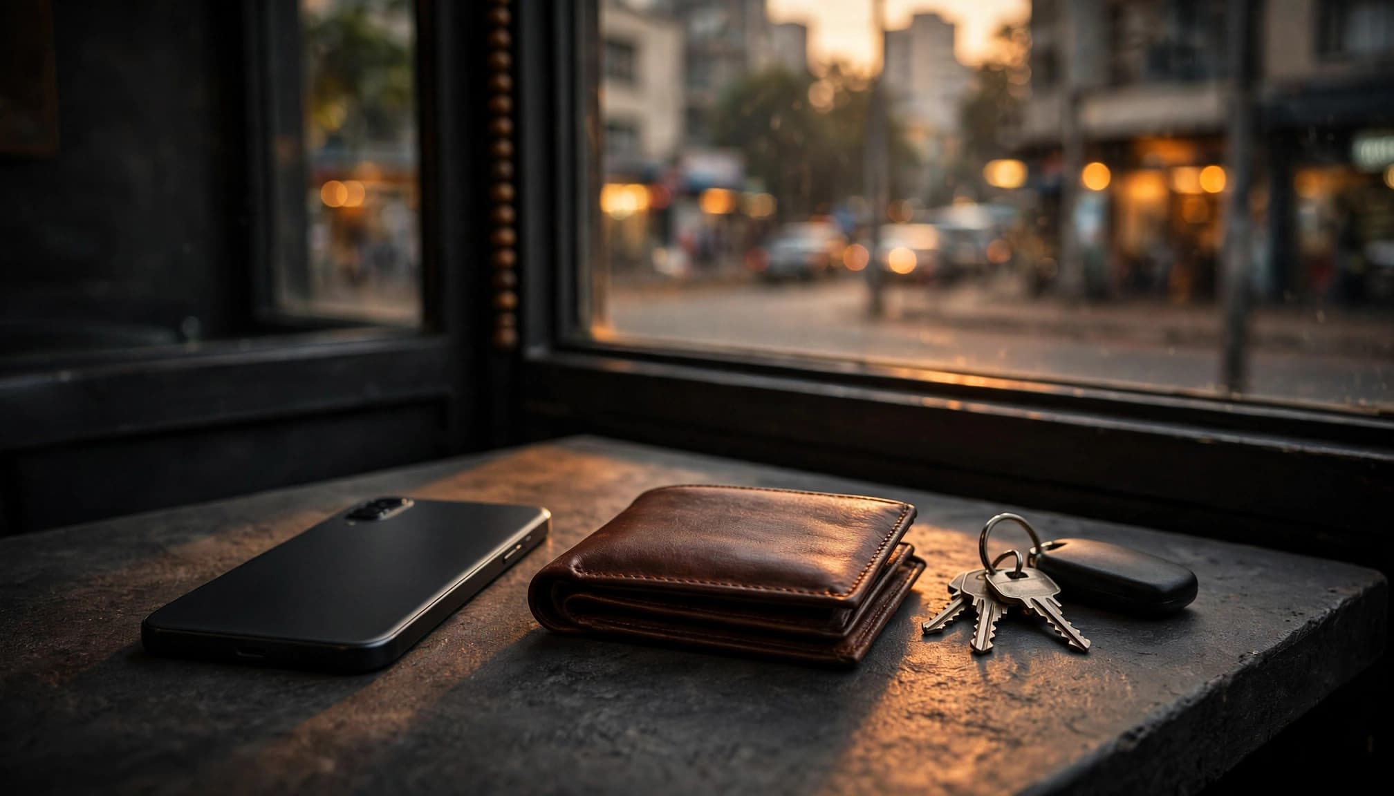A phone, wallet, and keys sit on a cafe table beside a window.