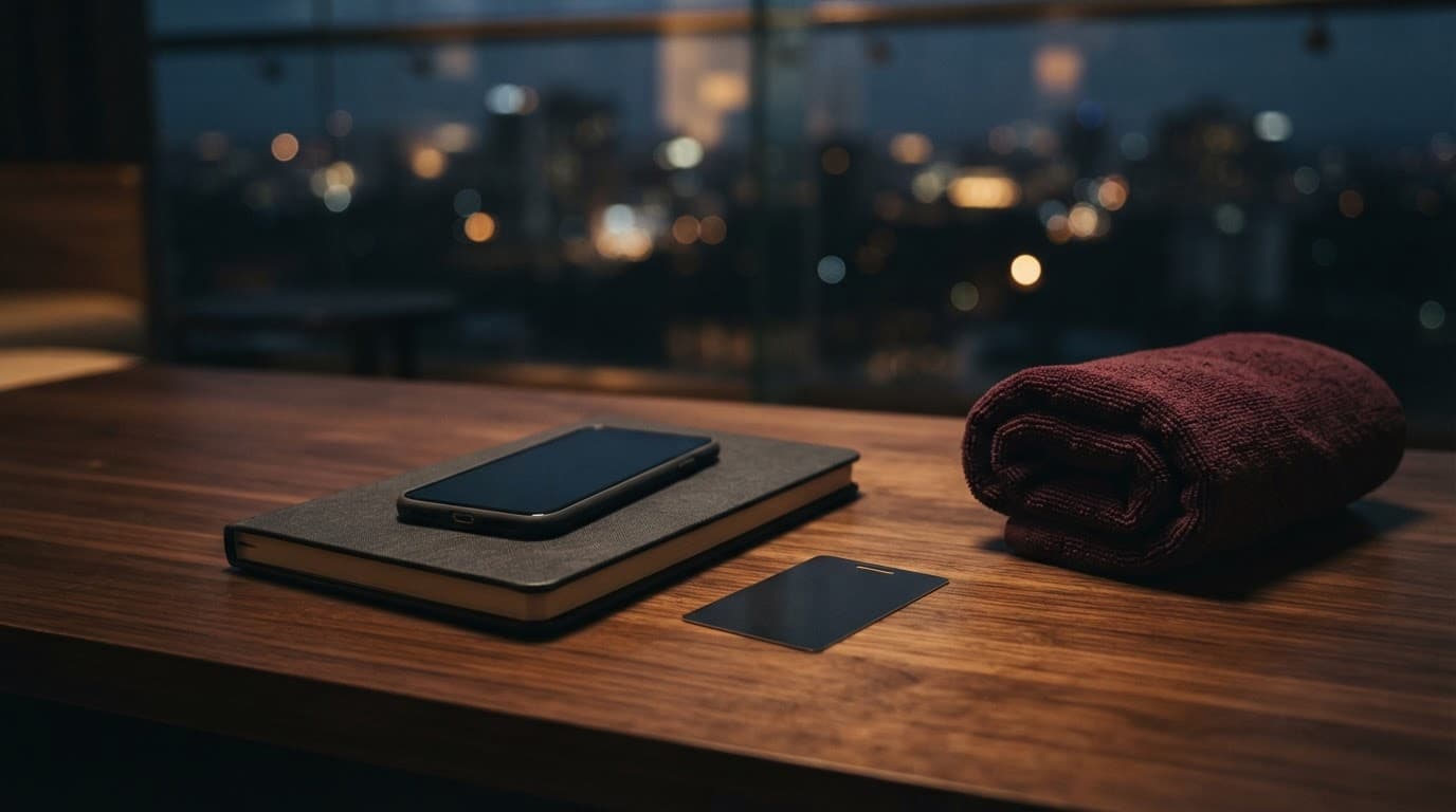 A phone, notebook, room key, and folded towel on a dark table.
