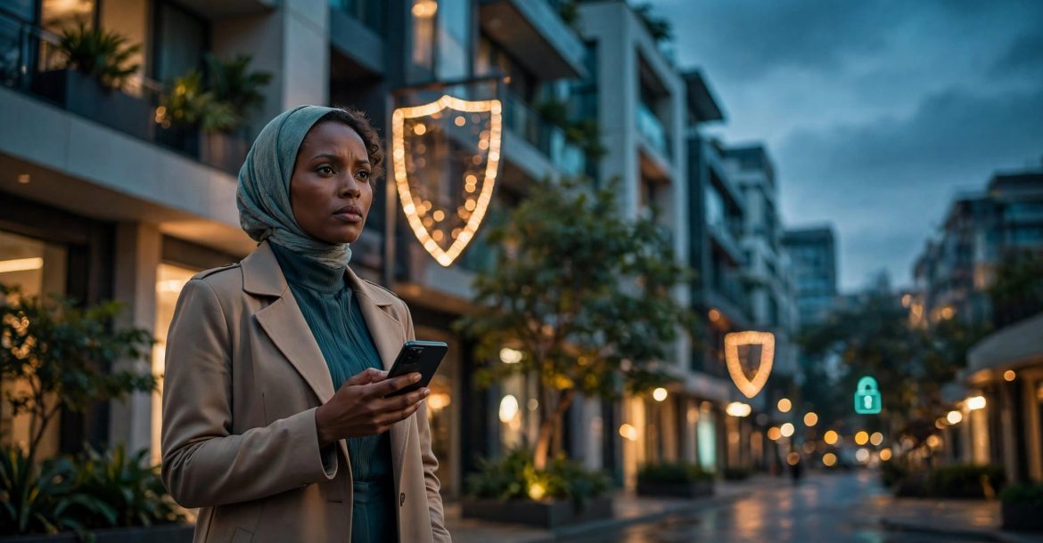 An elegantly dressed woman checks her phone on a warmly lit Nairobi street.