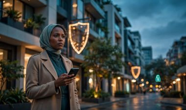 An elegantly dressed woman checks her phone on a warmly lit Nairobi street.