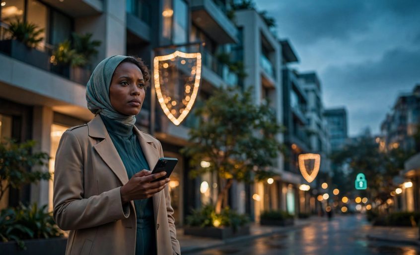 An elegantly dressed woman checks her phone on a warmly lit Nairobi street.