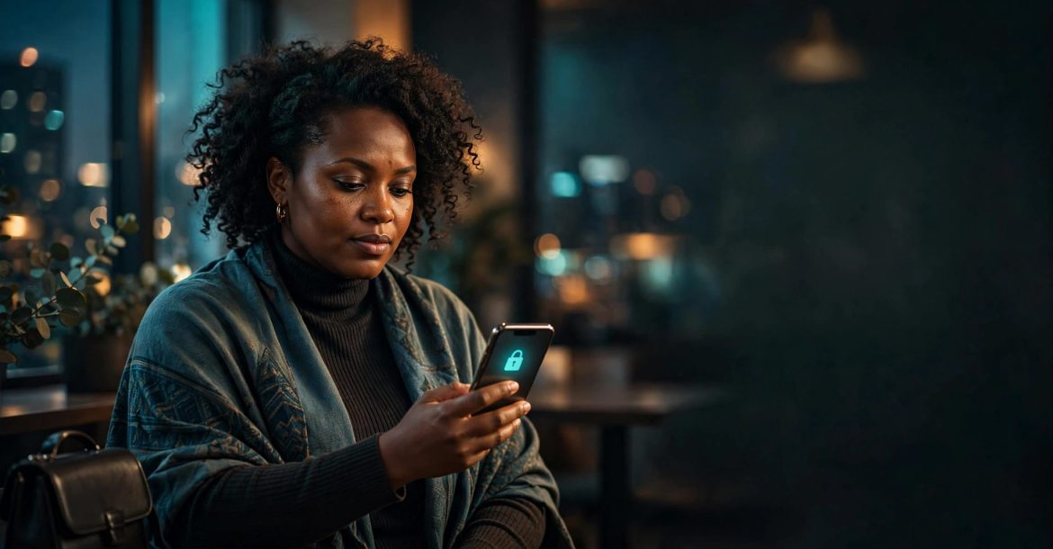 A woman checks her phone alone in a warmly lit Nairobi café.