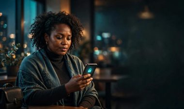 A woman checks her phone alone in a warmly lit Nairobi café.