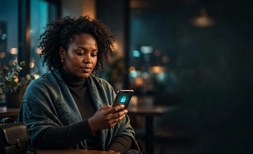 A woman checks her phone alone in a warmly lit Nairobi café.