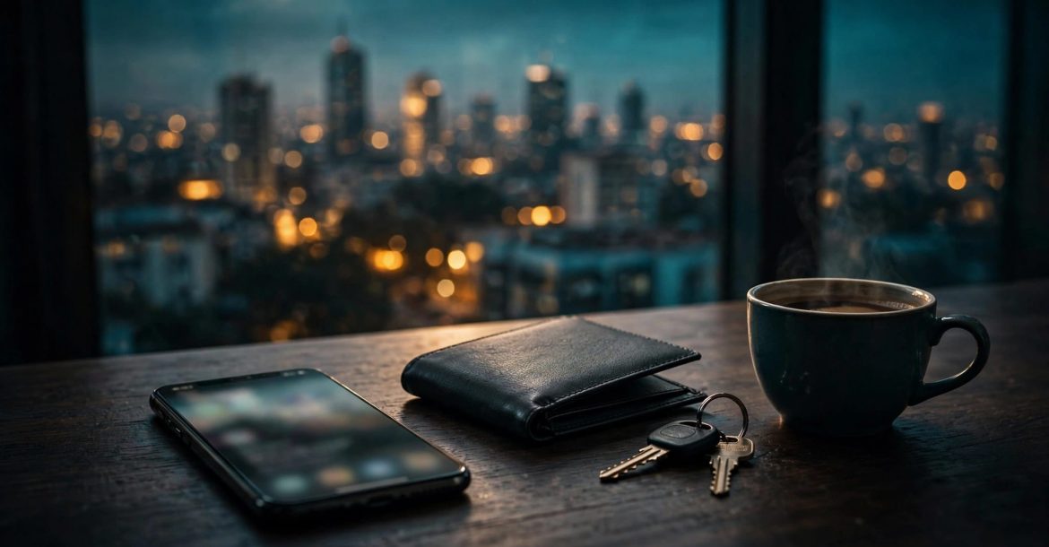 A smartphone, wallet, keys, and coffee sit on a desk beside a softly lit Nairobi skyline.