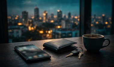 Escorts Hurlingham: A Discreet Safety Guide for Adults 5 A smartphone, wallet, keys, and coffee sit on a desk beside a softly lit Nairobi skyline.