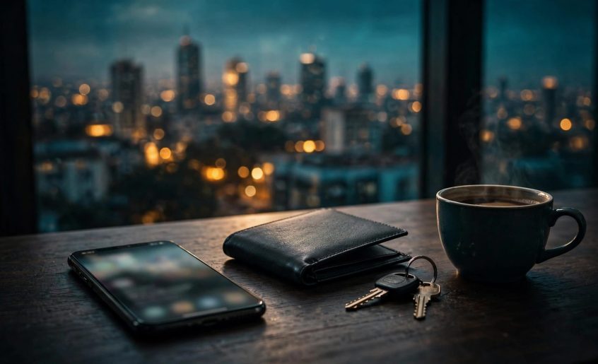 A smartphone, wallet, keys, and coffee sit on a desk beside a softly lit Nairobi skyline.