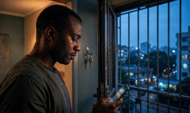 Adult checks a blurred phone profile by a doorway.