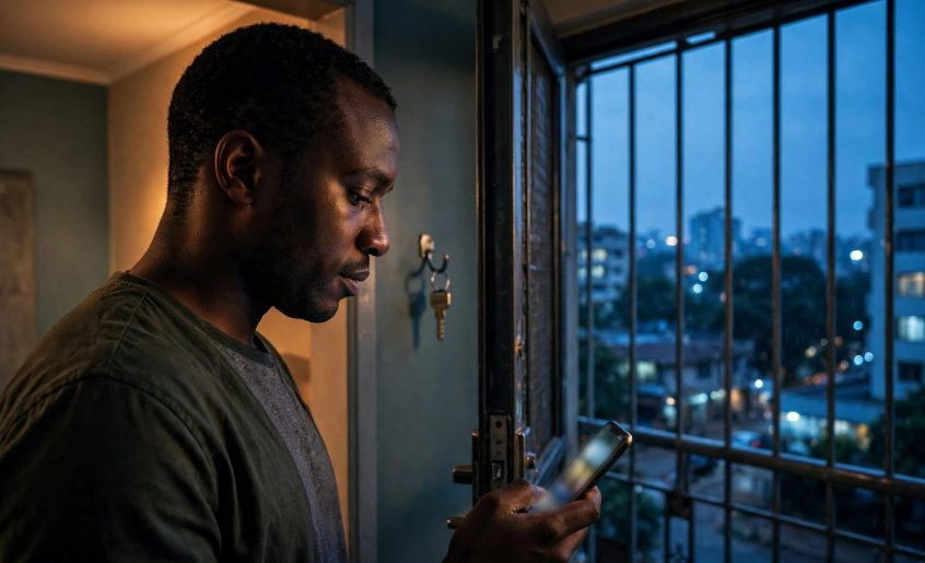 Adult checks a blurred phone profile by a doorway.