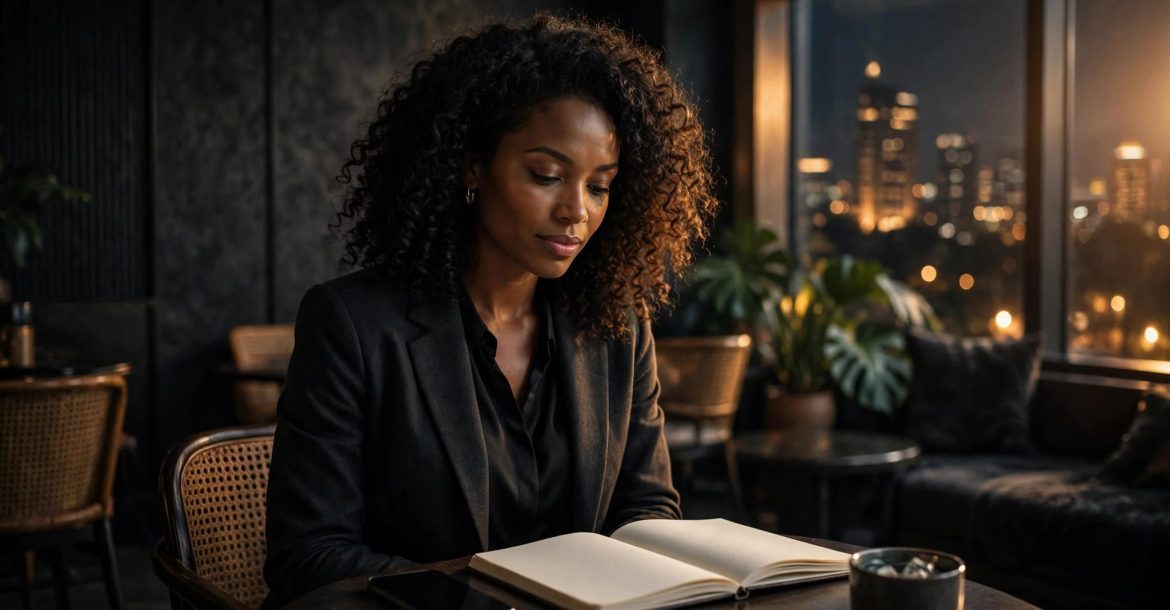 A woman checks her phone beside an open notebook in a softly lit lounge.