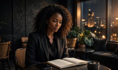 A woman checks her phone beside an open notebook in a softly lit lounge.