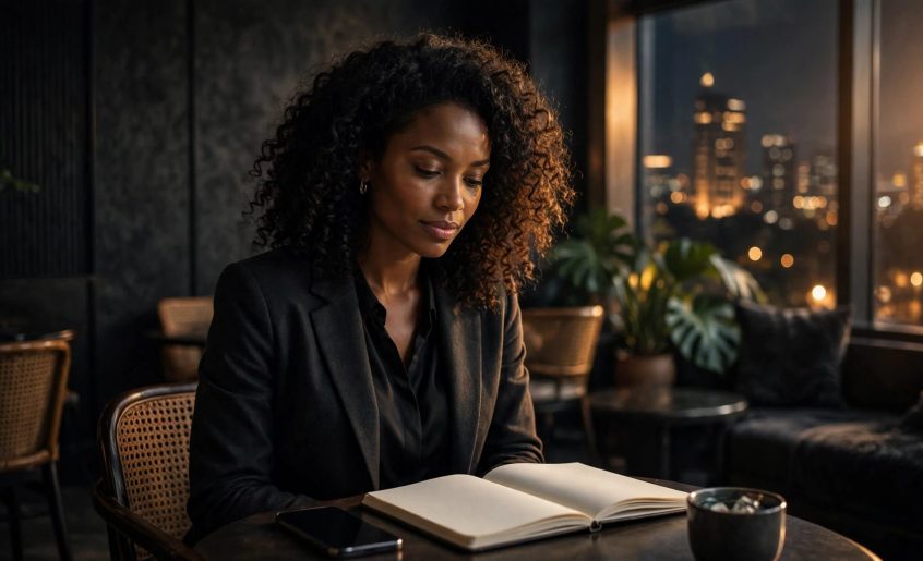 A woman checks her phone beside an open notebook in a softly lit lounge.
