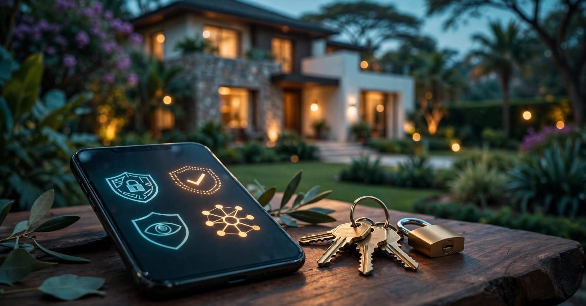A phone, keys, and padlock sit on a table near a blurred garden.