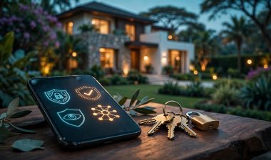 A phone, keys, and padlock sit on a table near a blurred garden.