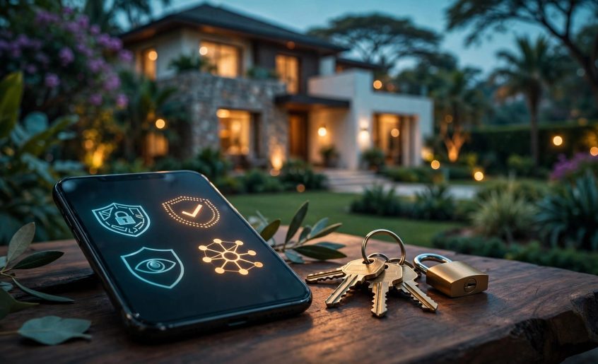 A phone, keys, and padlock sit on a table near a blurred garden.