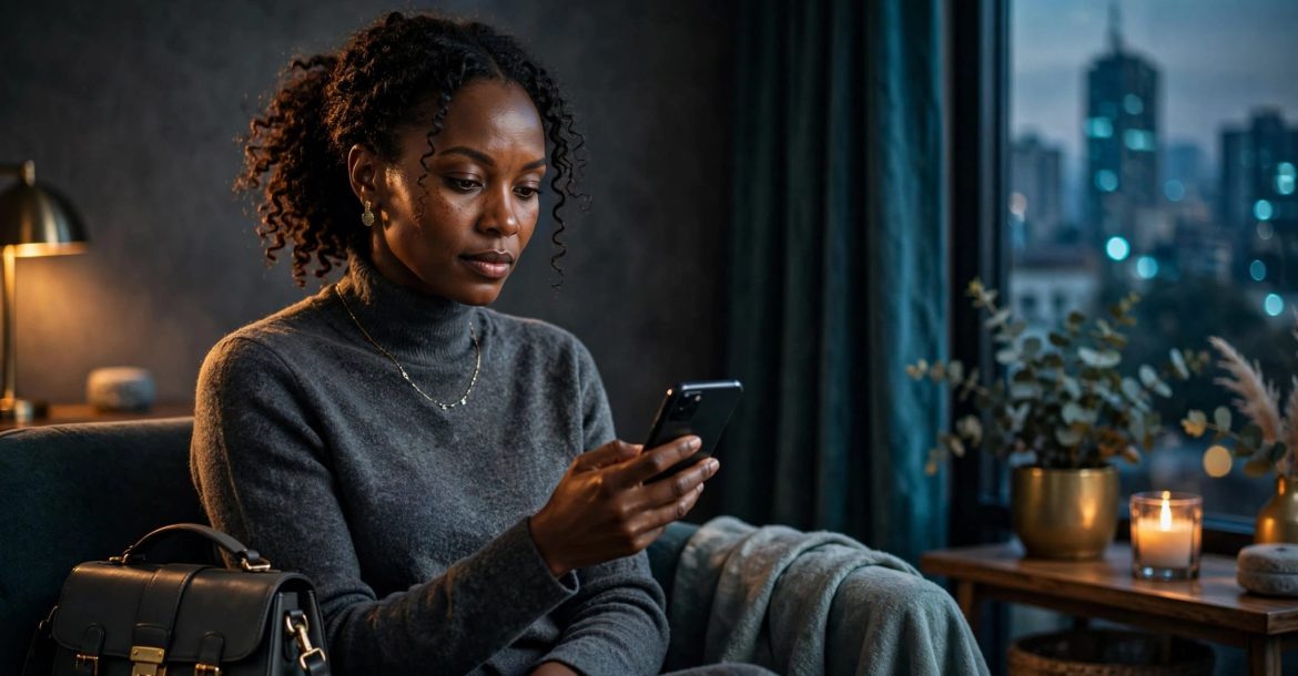 A Kenyan woman checks her phone beside a handbag in a softly lit Nairobi apartment.