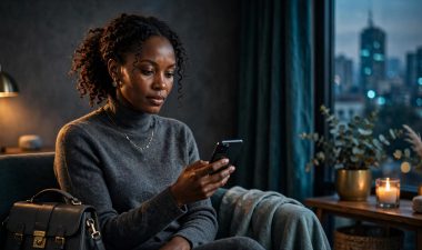 A Kenyan woman checks her phone beside a handbag in a softly lit Nairobi apartment.