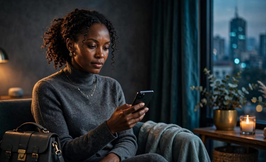 A Kenyan woman checks her phone beside a handbag in a softly lit Nairobi apartment.