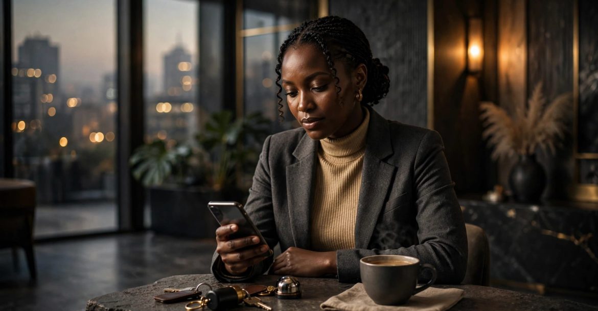 Woman reviewing a phone at a lobby table beside coffee and safety items.