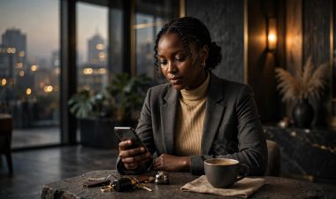 Woman reviewing a phone at a lobby table beside coffee and safety items.