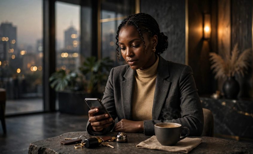 Woman reviewing a phone at a lobby table beside coffee and safety items.