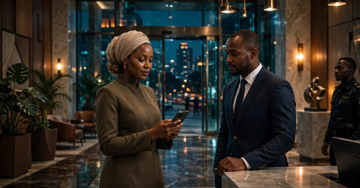 An elegantly dressed woman checks her phone beside a concierge in a Nairobi hotel lobby.