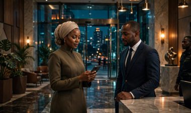 An elegantly dressed woman checks her phone beside a concierge in a Nairobi hotel lobby.
