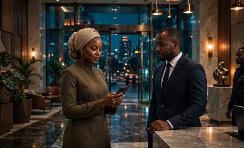 An elegantly dressed woman checks her phone beside a concierge in a Nairobi hotel lobby.