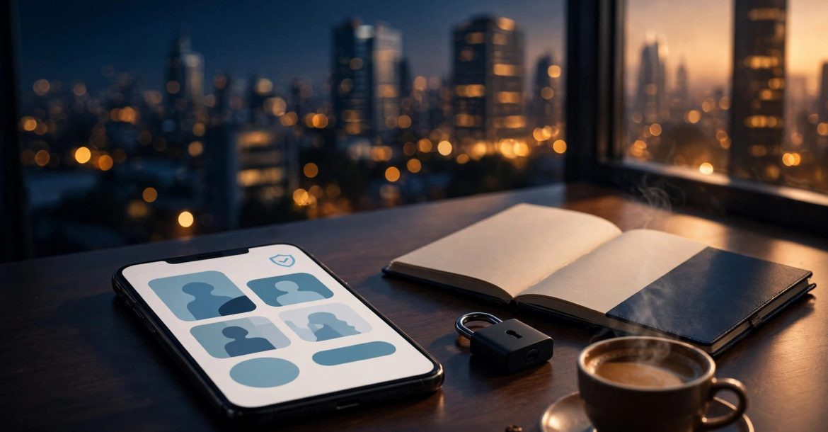 A smartphone and privacy items sit on a desk beside a window overlooking city lights.