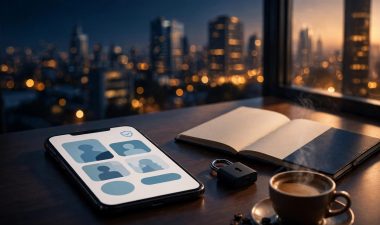 A smartphone and privacy items sit on a desk beside a window overlooking city lights.