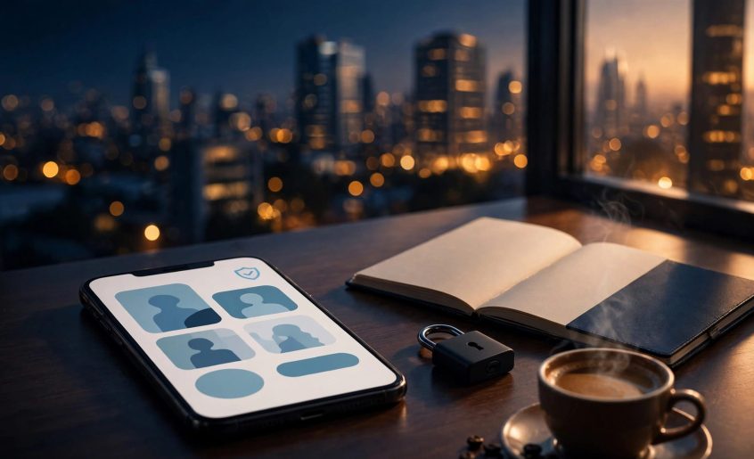 A smartphone and privacy items sit on a desk beside a window overlooking city lights.