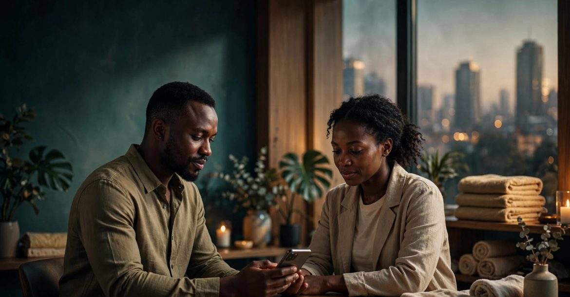 A therapist and client review a phone in a warmly lit massage studio.