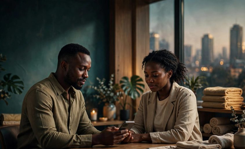 A therapist and client review a phone in a warmly lit massage studio.