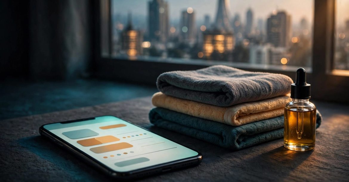 A phone, folded spa towels, and massage oil sit by a window overlooking Nairobi.