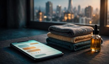 A phone, folded spa towels, and massage oil sit by a window overlooking Nairobi.
