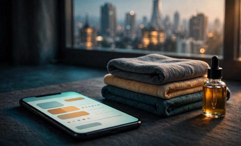 A phone, folded spa towels, and massage oil sit by a window overlooking Nairobi.