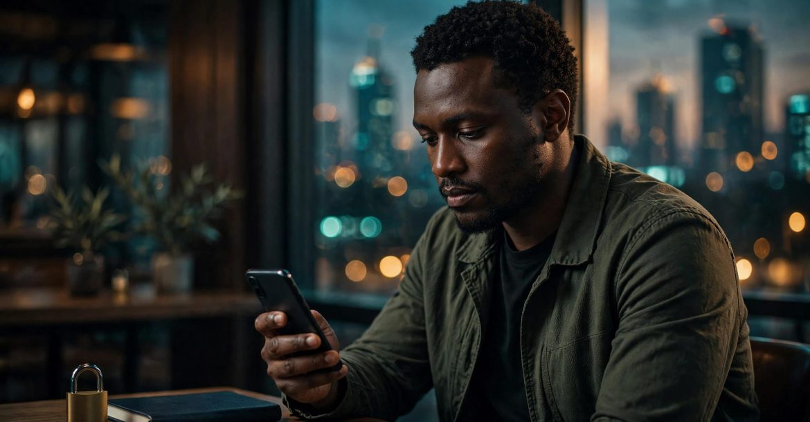 A man reviews a phone beside a padlock and notebook in a Nairobi café.