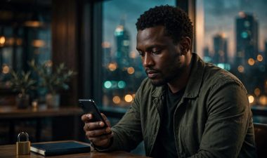 A man reviews a phone beside a padlock and notebook in a Nairobi café.