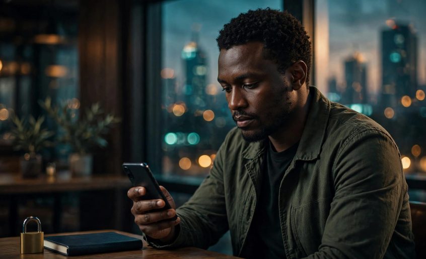 A man reviews a phone beside a padlock and notebook in a Nairobi café.
