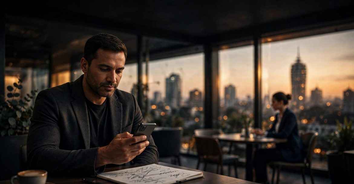 Man reviewing a phone and notes at a café table with Nairobi behind him.