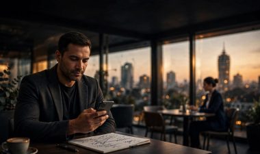 Man reviewing a phone and notes at a café table with Nairobi behind him.