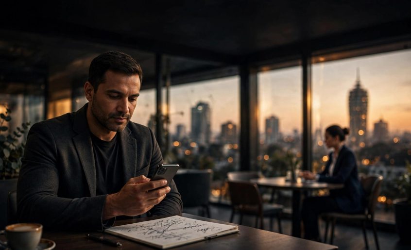 Man reviewing a phone and notes at a café table with Nairobi behind him.