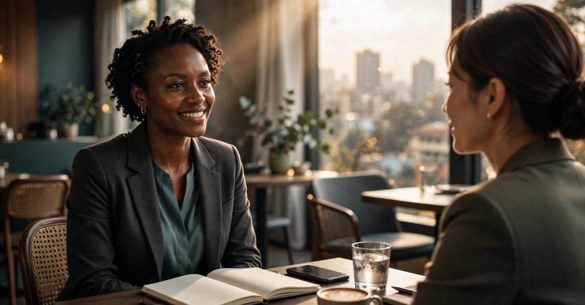 A woman and client talk at a café table with a notebook and phone.