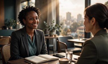 A woman and client talk at a café table with a notebook and phone.