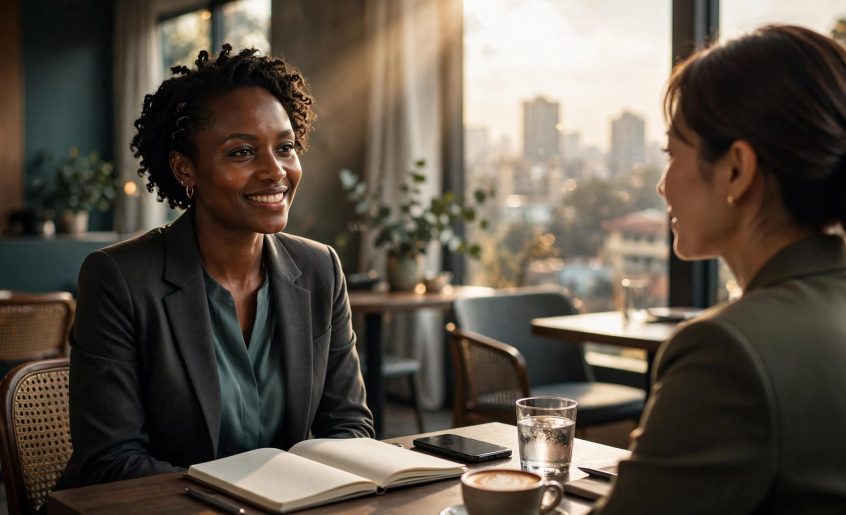 A woman and client talk at a café table with a notebook and phone.
