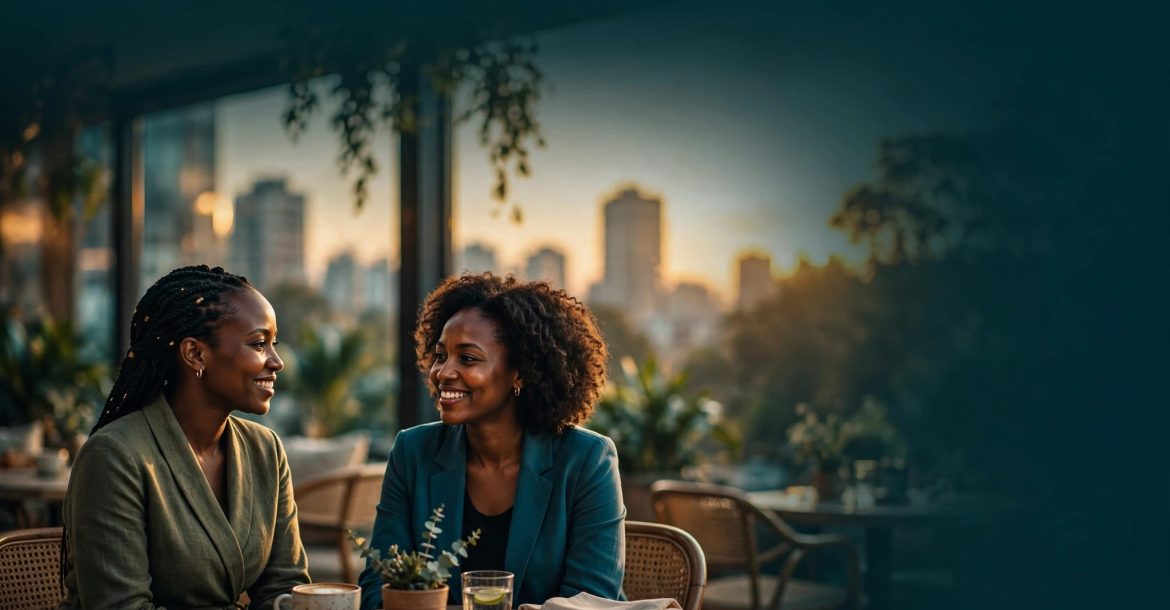 Two Kenyan women share a relaxed conversation at a stylish Nairobi café.